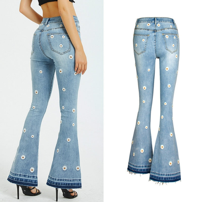 Flower Embroidered Flare Denim Jeans