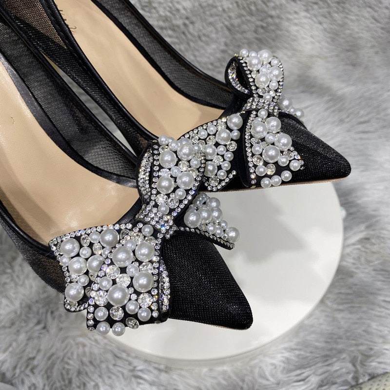 Pearls Bow Matte Gauze Mesh Pointy Toe High Heel Shoe