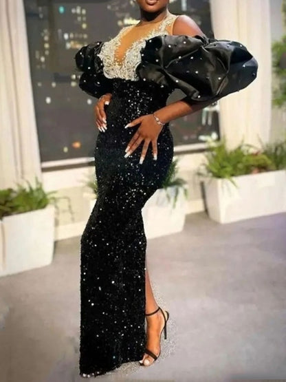 Bare Shoulder Embroidery Beaded Puff Sleeve Velvet Sequin Dress