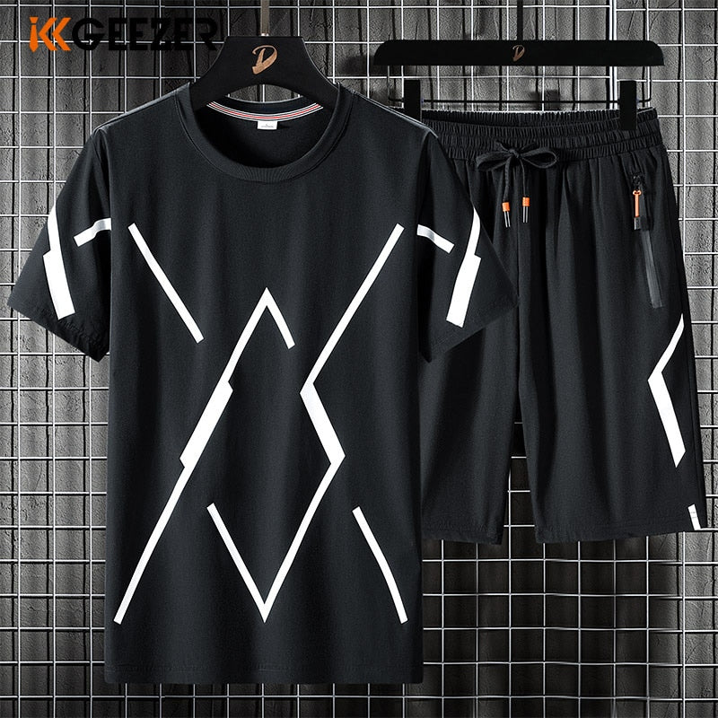 Breathable Cool Print Pattern Short Sleeve Men 2 Piece Sets Tracksuit (35203) Plus Size Up To 8XL