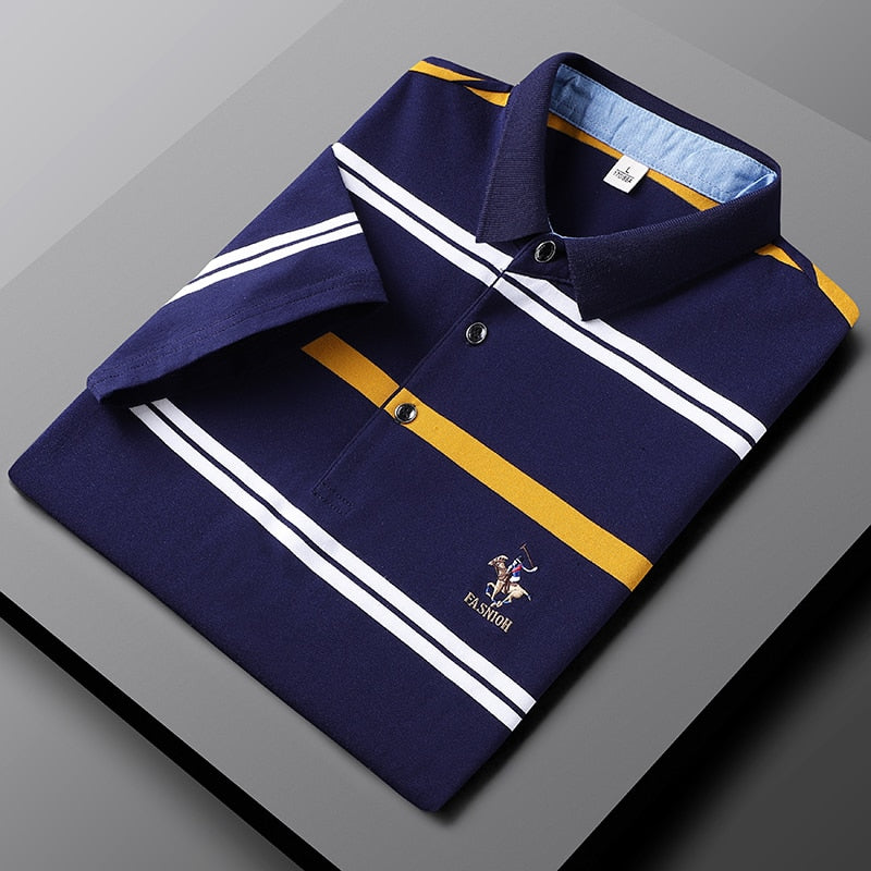 Men Embroidered Classic Striped Polo Business Casual