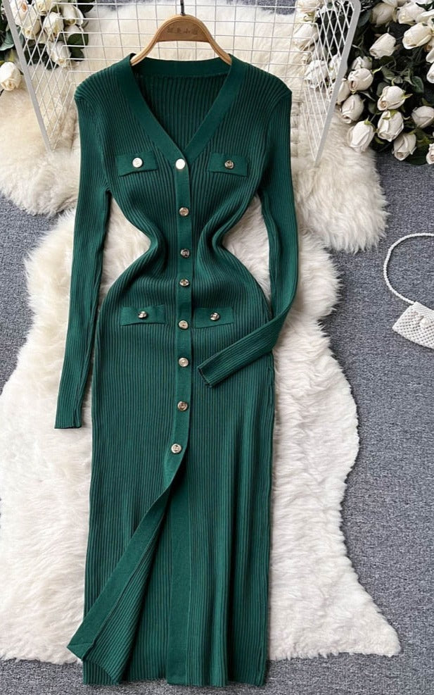 V Neck Single Breasted A Line Split Midi Dress