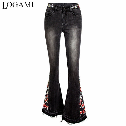 Elastic Black Vintage Embroidery Jeans