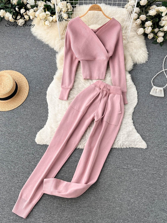 V Neck Long Sleeve Sweater+ Elastic Casual Long Pants Set