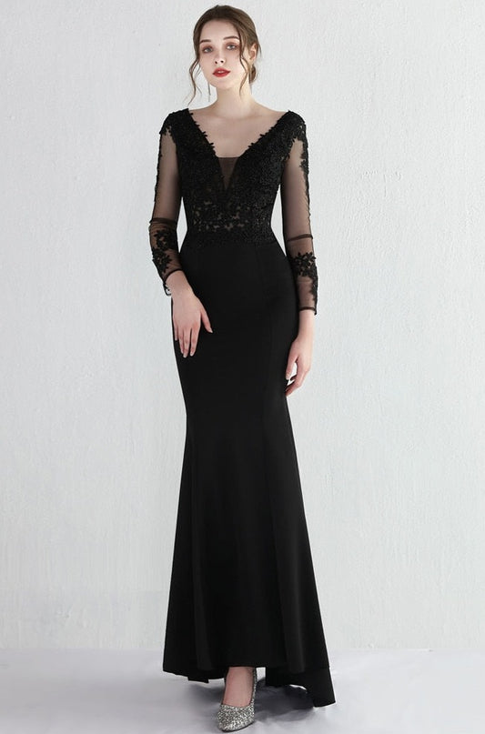 Elegant Mermaid V Neck Satin Evening Dress with Appliques Full Sleeves