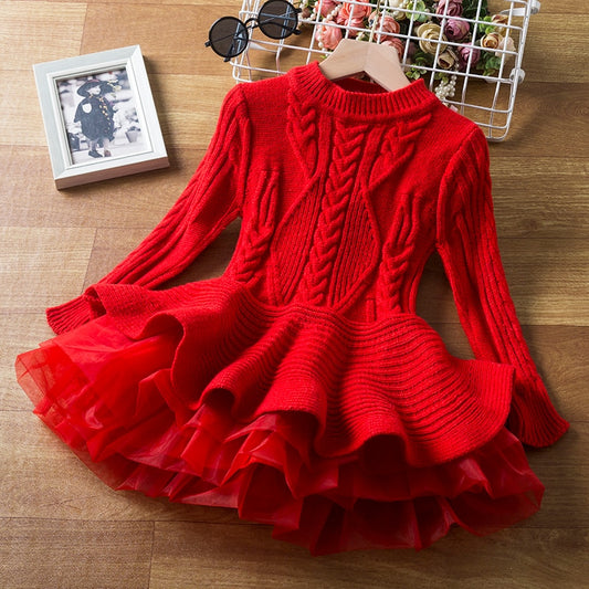 Girls Long Sleeve Knitting Dresses Autumn/Winter Warm Birthday Party Ruffle Princess Costume Kids Red Christmas Disfraz Vestido