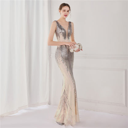 Elegant V Neck Mermaid Evening Beaded Formal Dress