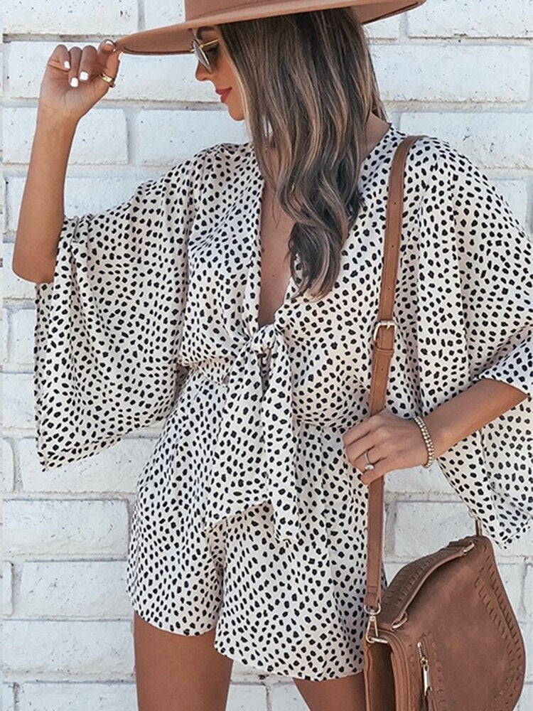 Leopard Print Bowknot Wide Leg Romper Overalls