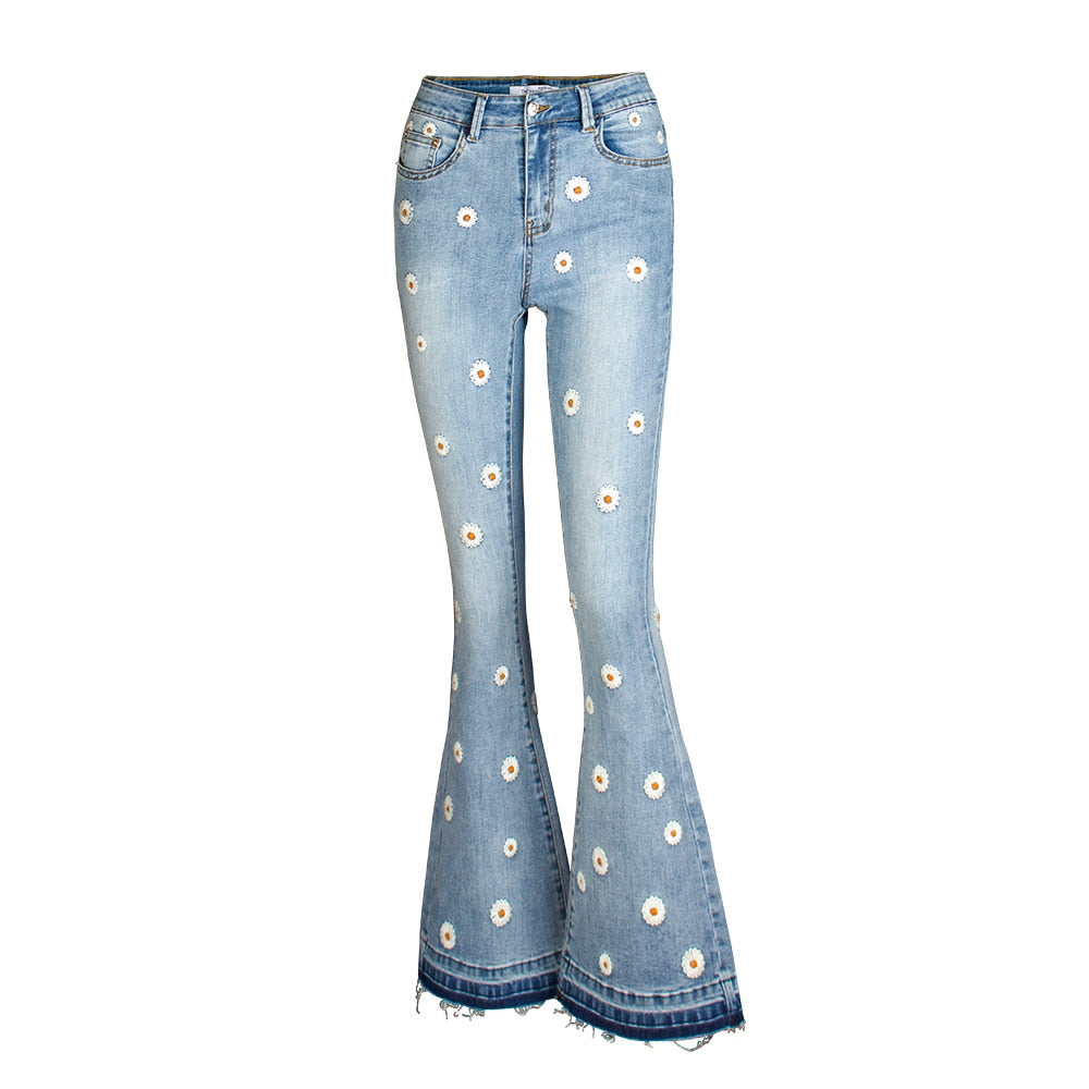 Flower Embroidered Flare Denim Jeans