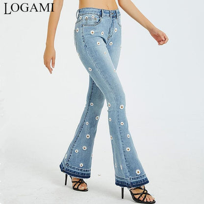 Flower Embroidered Flare Denim Jeans