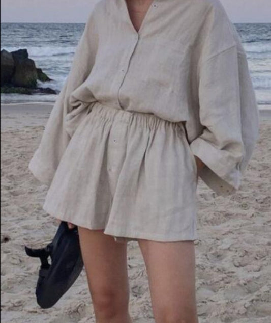 Fancy Vintage Two Piece Oversized Shirt High Waist Loose Shorts Set