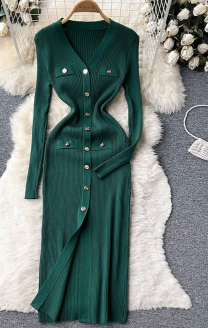 V Neck Single Breasted A Line Split Midi Dress