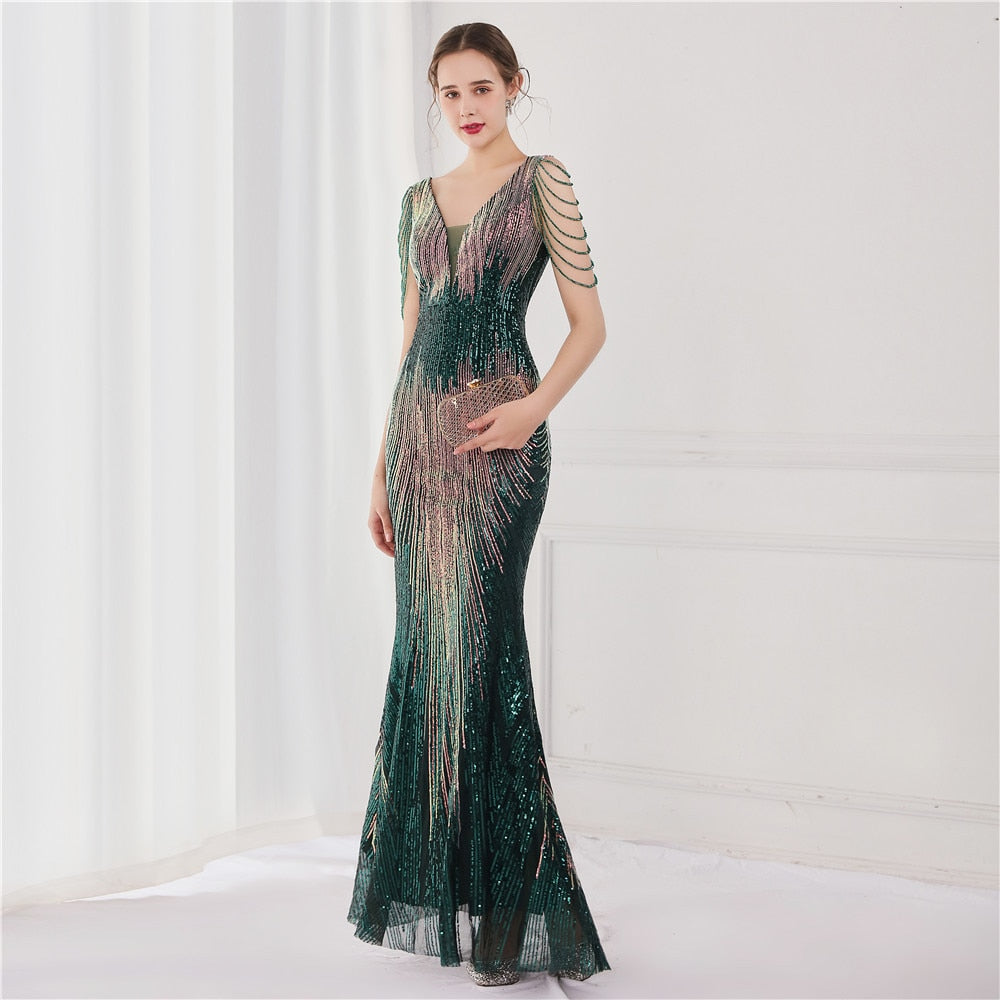 Elegant V Neck Mermaid Evening Beaded Formal Dress