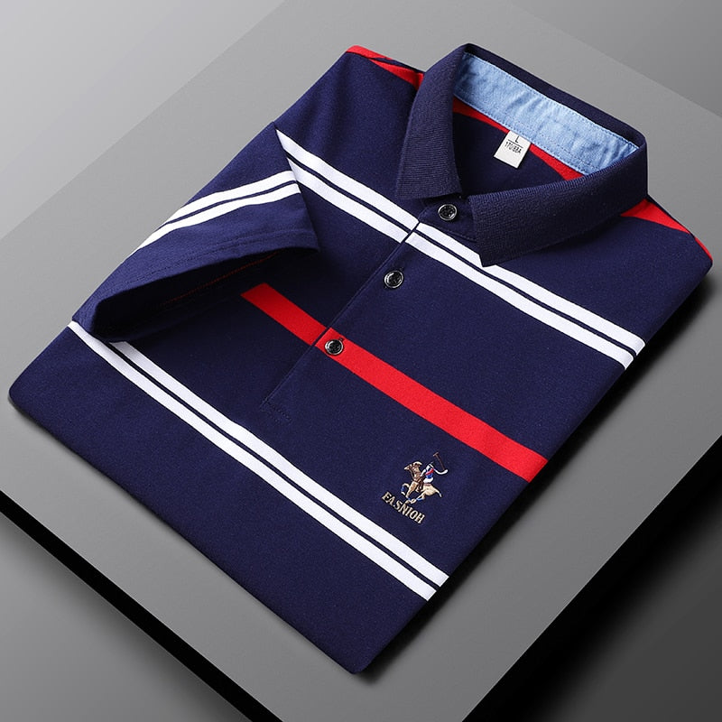 Men Embroidered Classic Striped Polo Business Casual