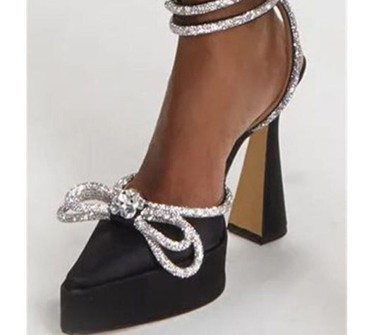 Chunky Runway Style Butterfly-knot Crystal Pointed Toe Party Prom Shoes