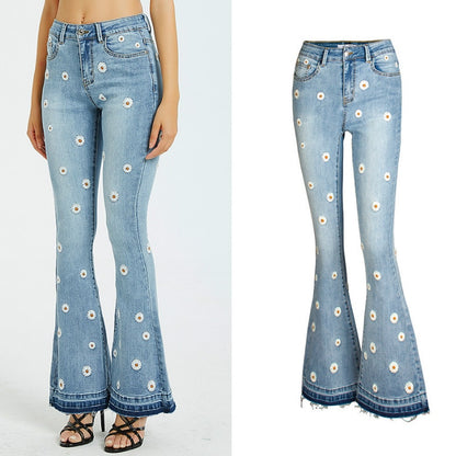 Flower Embroidered Flare Denim Jeans