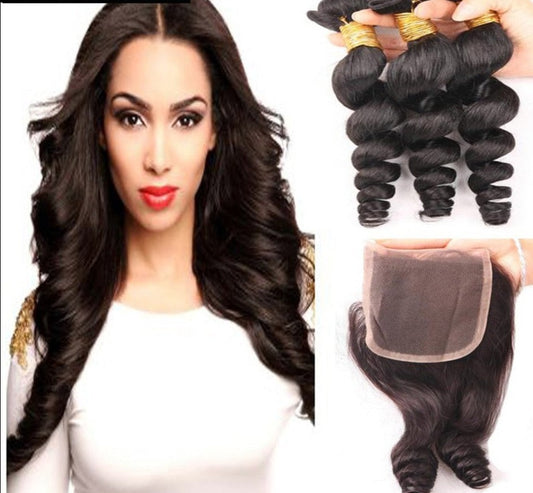 Natural color Peruvian Loose Wave Human Hair Bundles with Closure