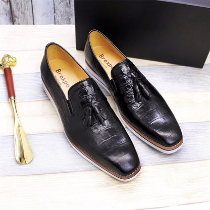 Genuine Leather Flat Tassel Crocodile Pattern Leather Shoes