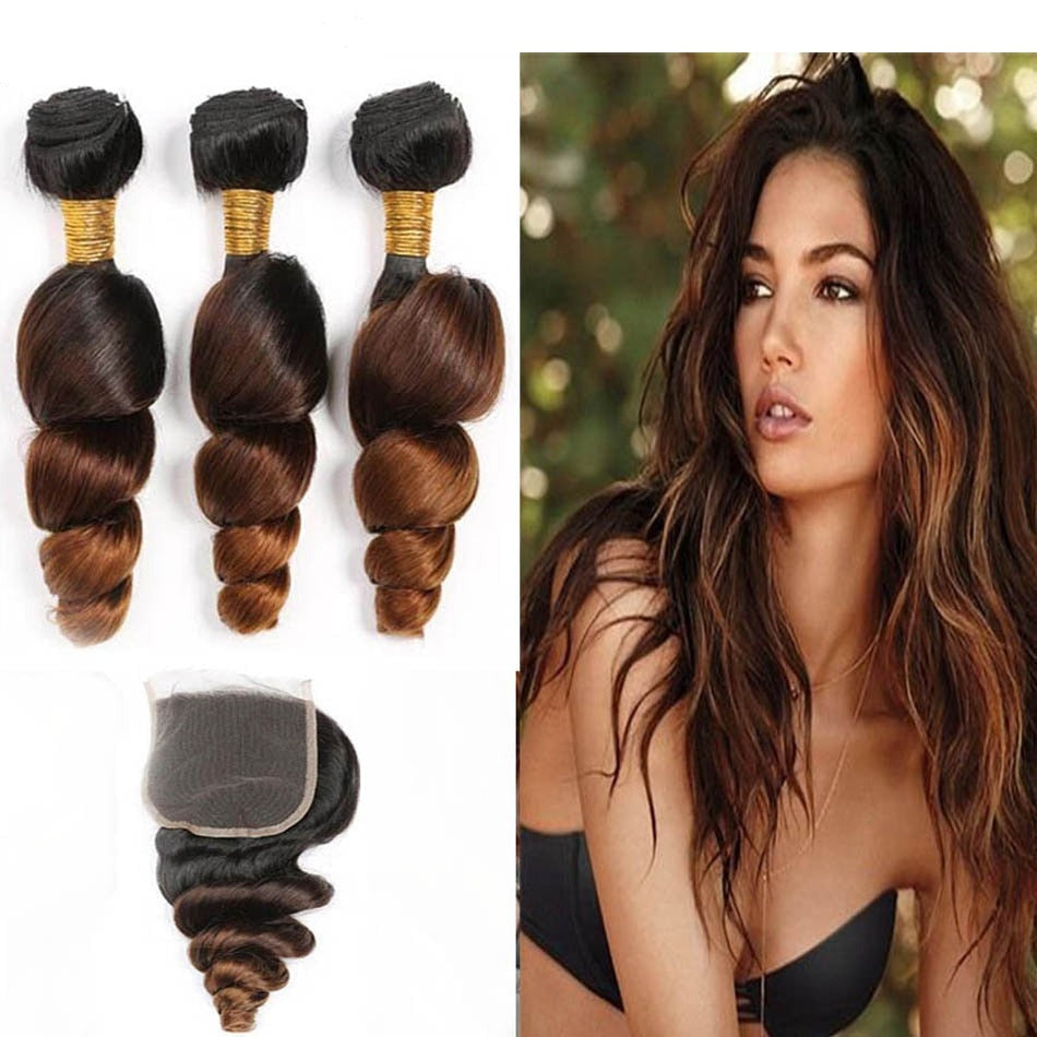 T1B430 Peruvian Loose Wave Human Hair Bundles with Closure