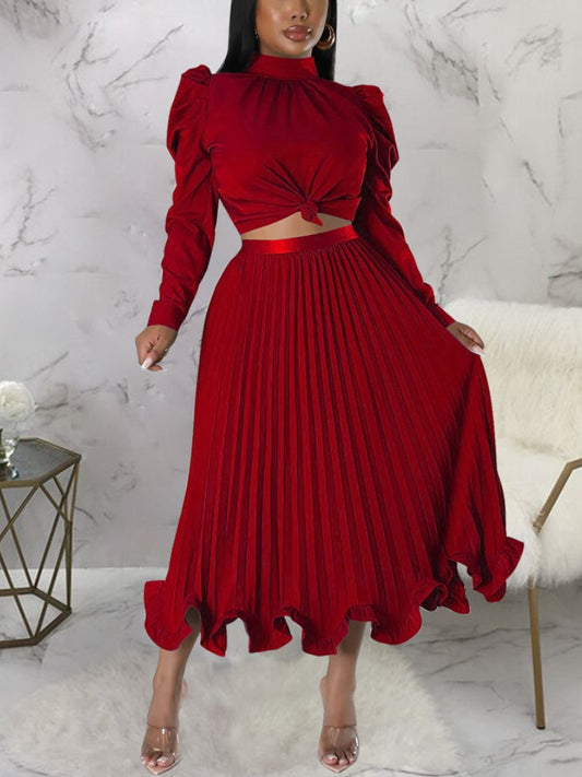 High Waist Pleated Ruffled Skirt with Long Sleeve Mock Neck Blouses