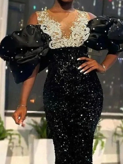 Bare Shoulder Embroidery Beaded Puff Sleeve Velvet Sequin Dress