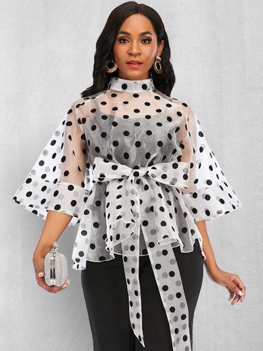 High Collar Organza Sexy Polka Dot Sashes Waist Slim Ruffles Blouses