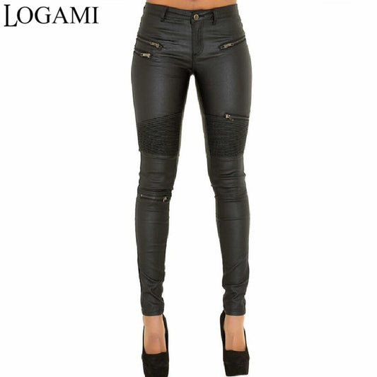 Elastic Zipper Faux Leather Pants